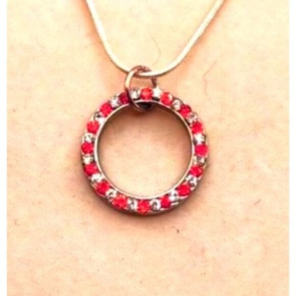 Silver Tone Hollow Crcle Pendant Necklace With Orange & Colorless Crystals - Picture 1 of 3